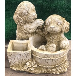 Two Puppies in Fountain Bathing Concrete Statue