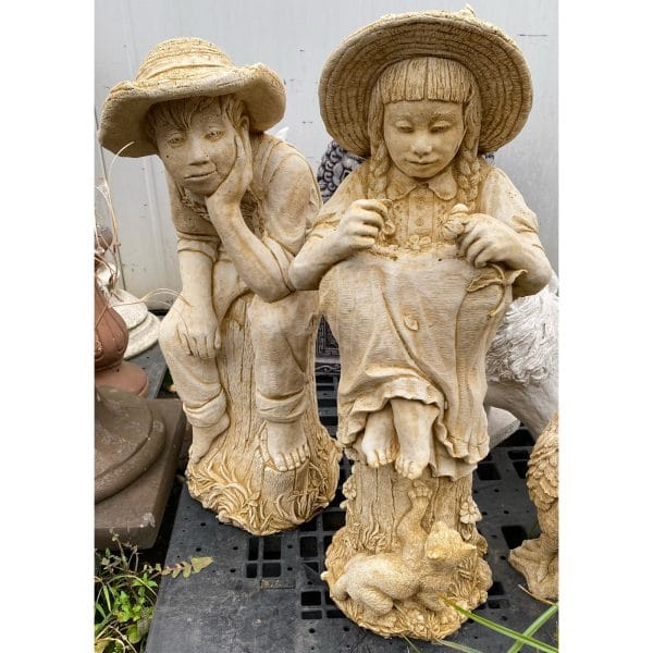 Thinking Boy and Girl on Stump Pair Concrete Statue 9562 & 9563